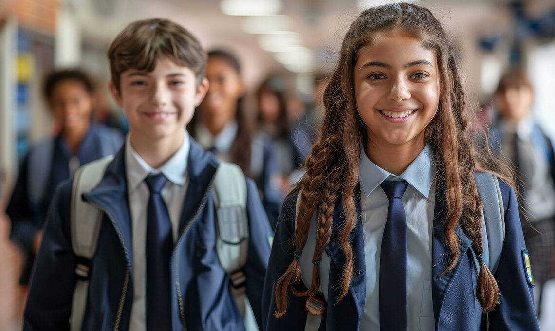 Group of school children in uniforms smiling at camera